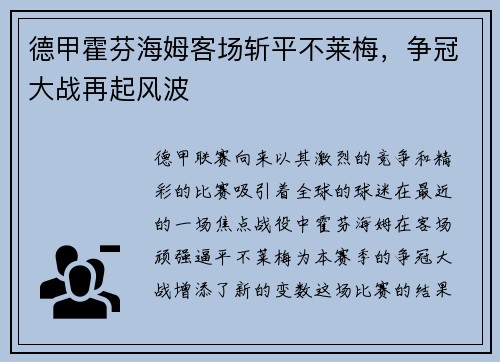 德甲霍芬海姆客场斩平不莱梅，争冠大战再起风波