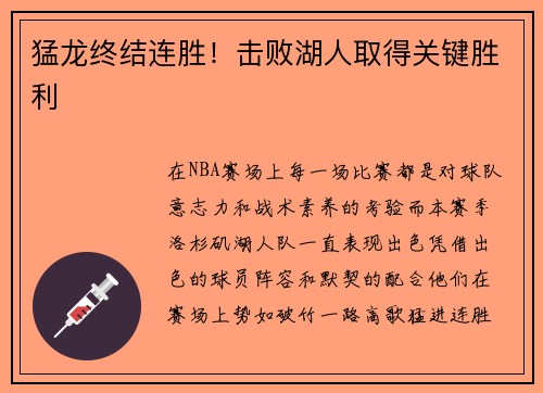 猛龙终结连胜！击败湖人取得关键胜利