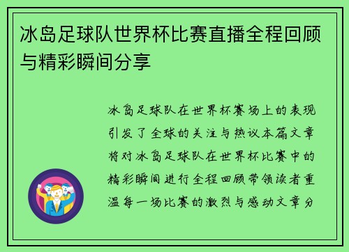 冰岛足球队世界杯比赛直播全程回顾与精彩瞬间分享