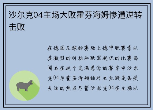 沙尔克04主场大败霍芬海姆惨遭逆转击败