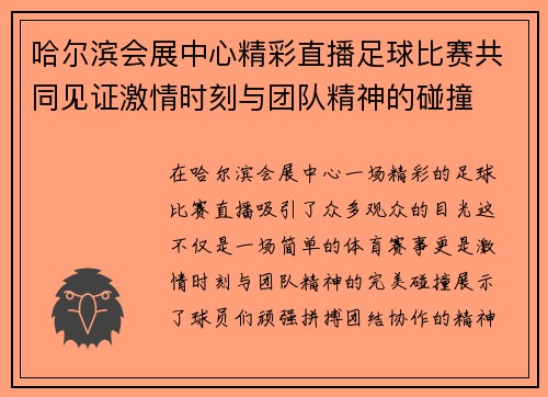 哈尔滨会展中心精彩直播足球比赛共同见证激情时刻与团队精神的碰撞